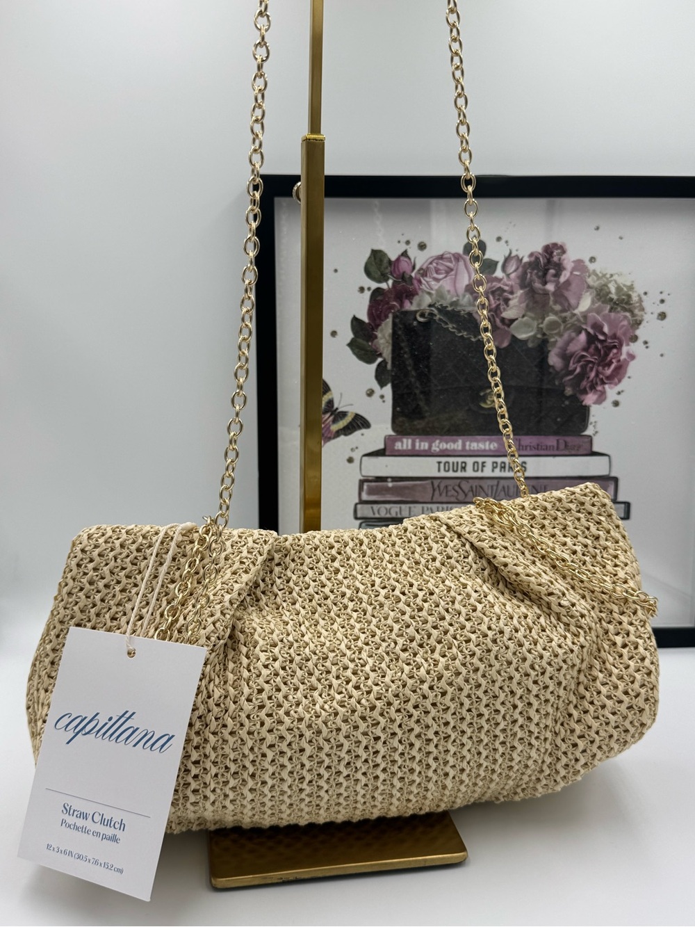Capittana Beige Straw Clutch with Gold Chain Strap NWT